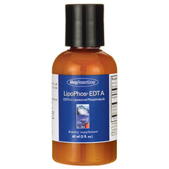 ARG006 | Amber supplement bottle with black cap and blue label reading LipoPhos EDTA dietary supplement 60 ml