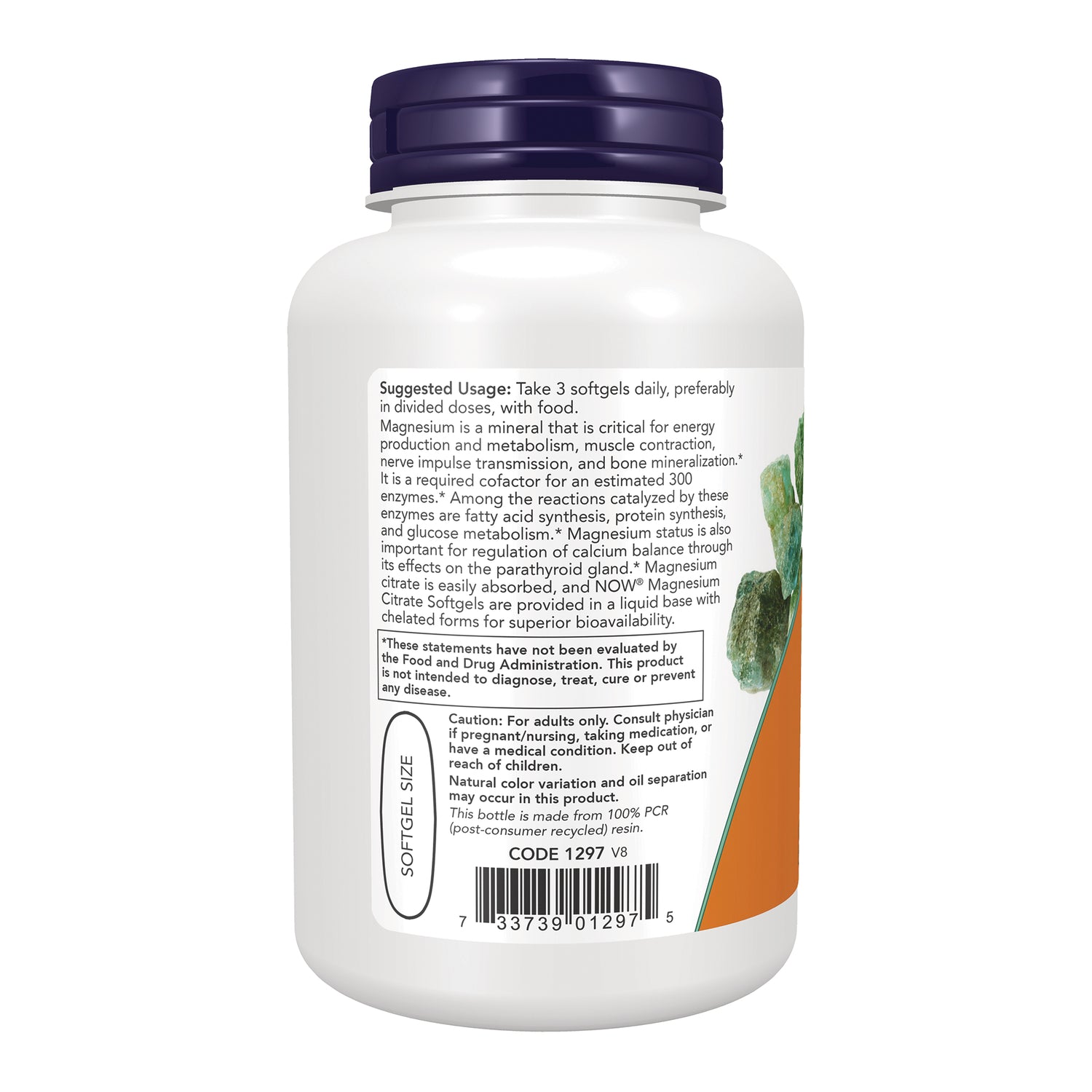 NWF835 | Back label of white supplement bottle showing suggested usage, cautions, softgel size oval and barcode