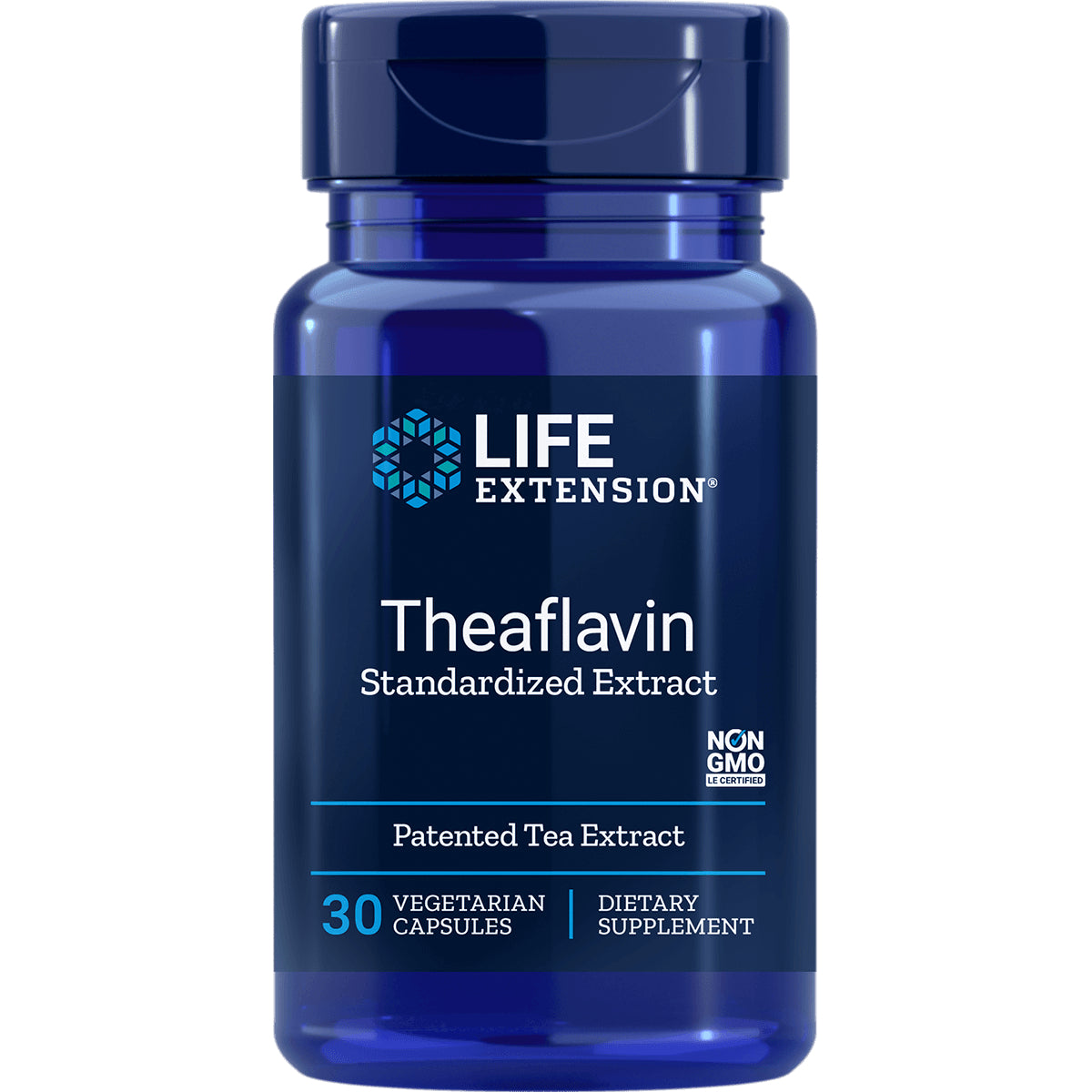 LE464 | Blue Life Extension bottle labeled Theaflavin Standardized Extract, 30 vegetarian capsules