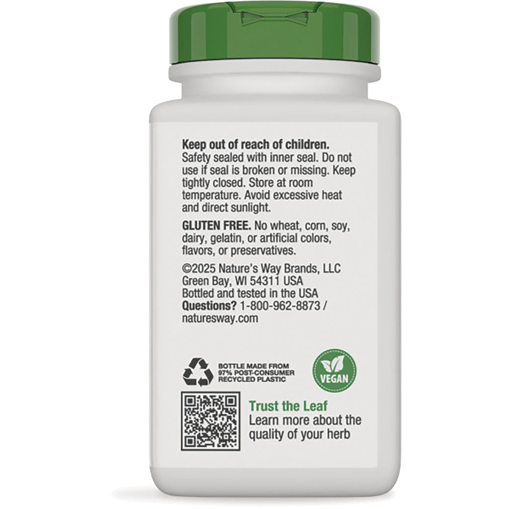 NW169 | Back of white supplement bottle with green cap showing warning text, gluten free and vegan labels and QR code - Thumbnail