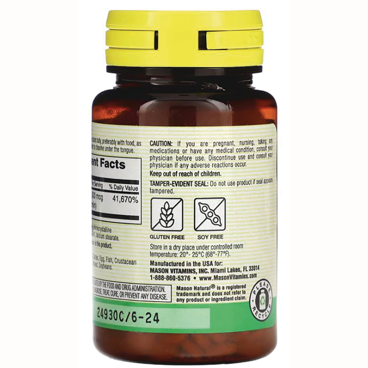 MSN001 | Back of amber supplement bottle with yellow cap, caution text, gluten free and soy free icons, supplement facts