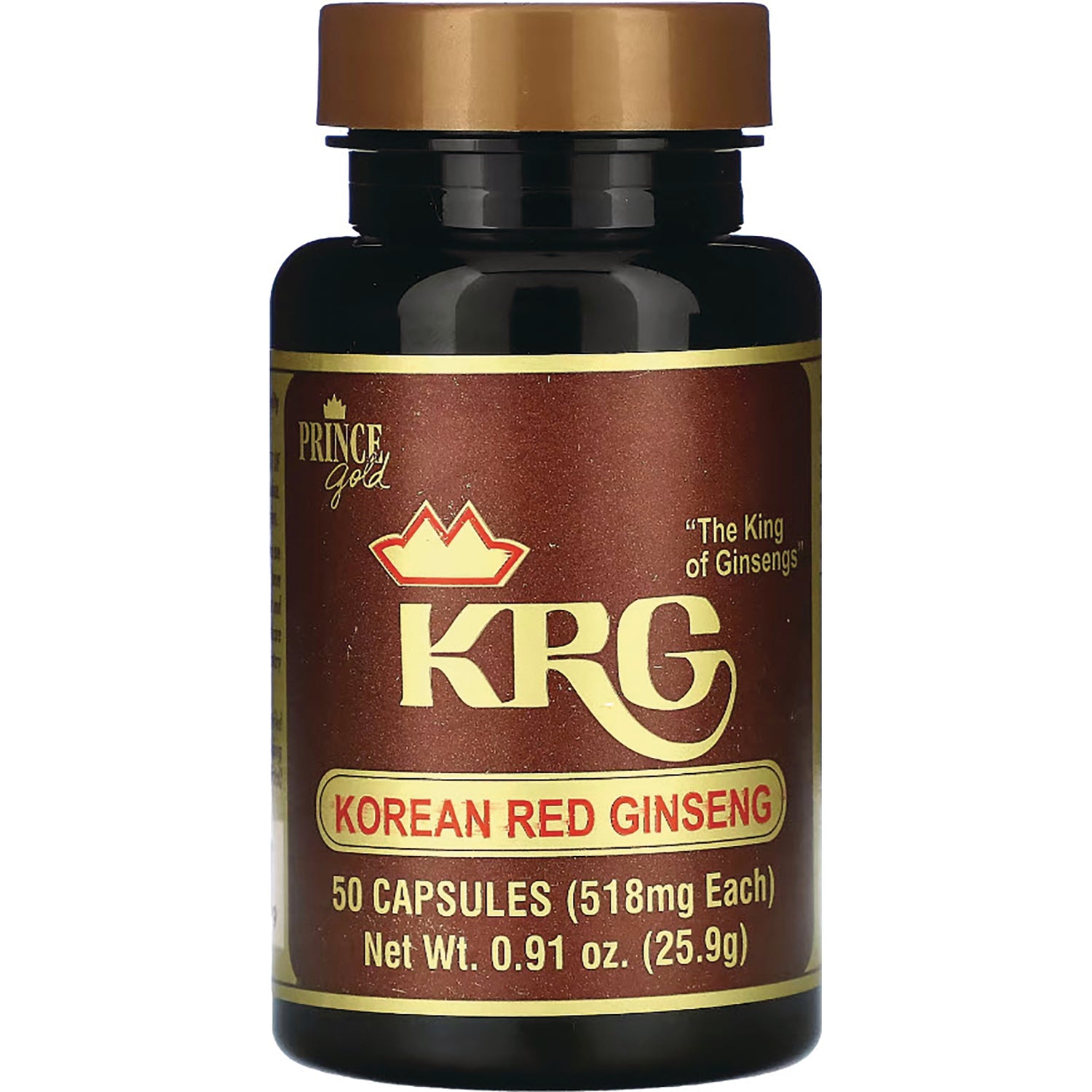 Korean Red Ginseng KRG bottle with brown label, 50 capsules (518 mg each)
