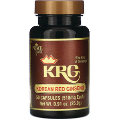 Korean Red Ginseng KRG bottle with brown label, 50 capsules (518 mg each)