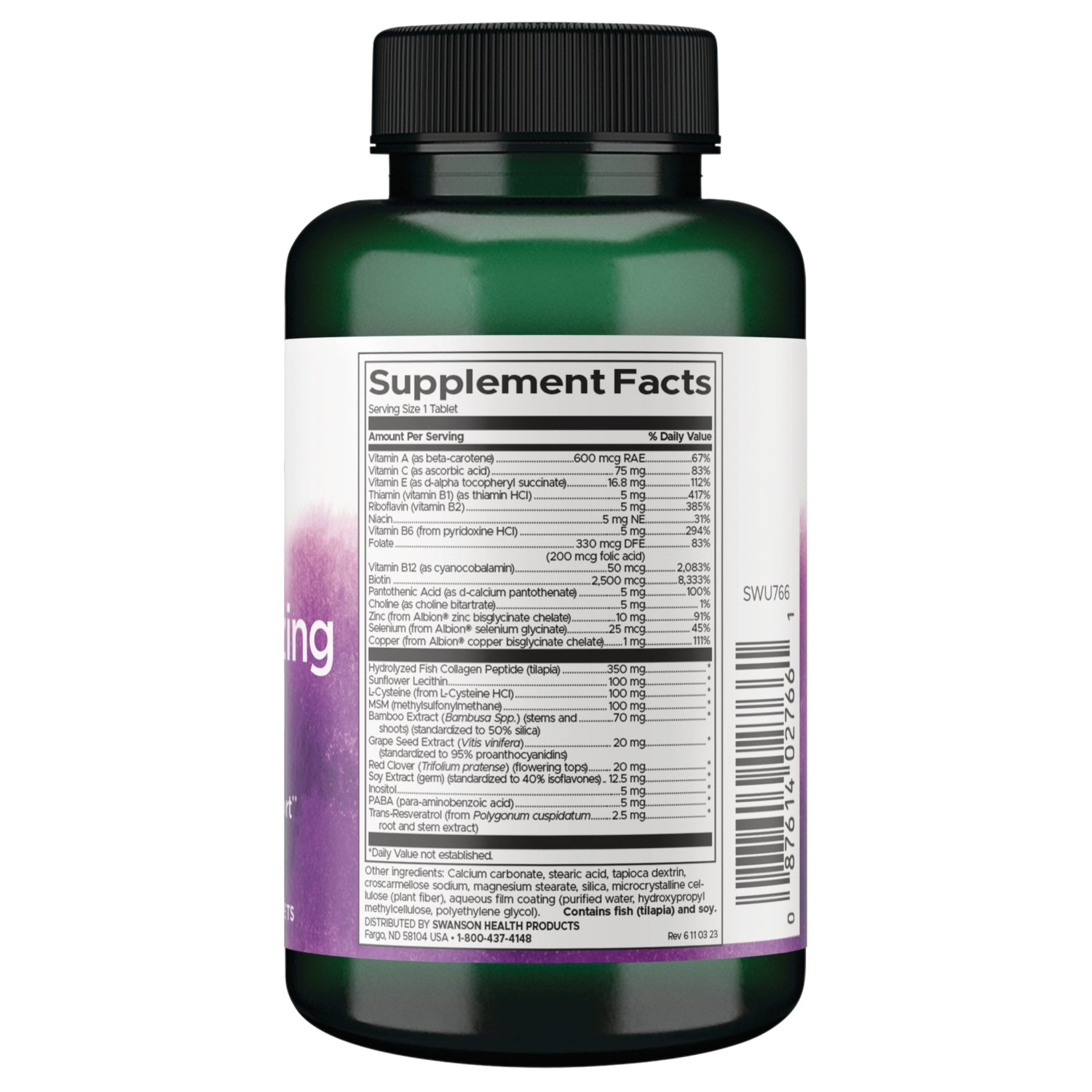 SWU766 | Back label with Supplement Facts, ingredients, and barcode