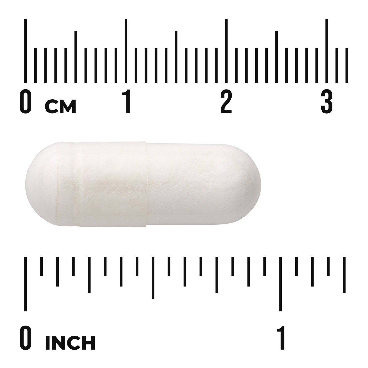 SW225 | White capsule shown with size scale in centimeters and inches
