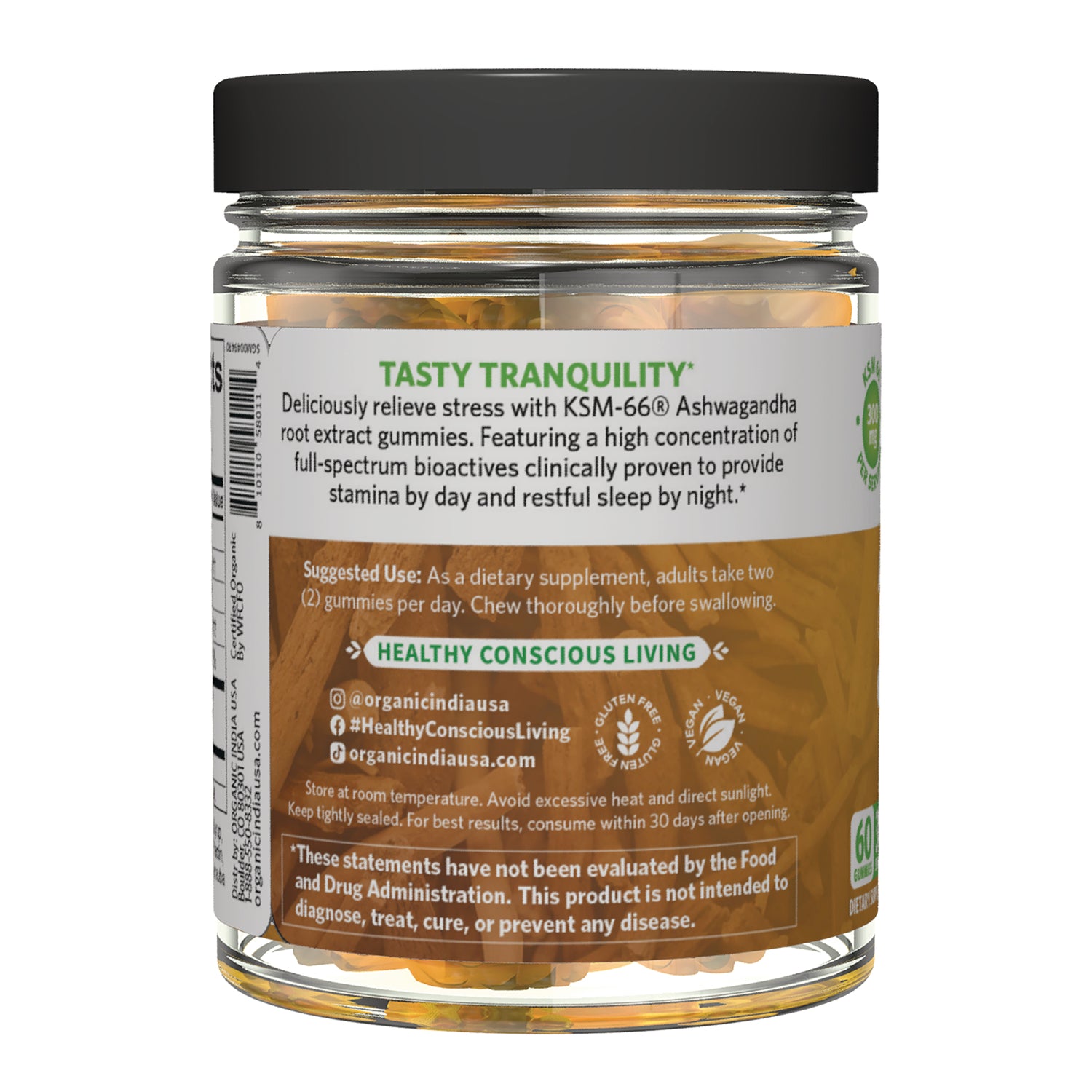 RGN108 | Back label of gummy supplement jar showing suggested use, warnings, and certification icons