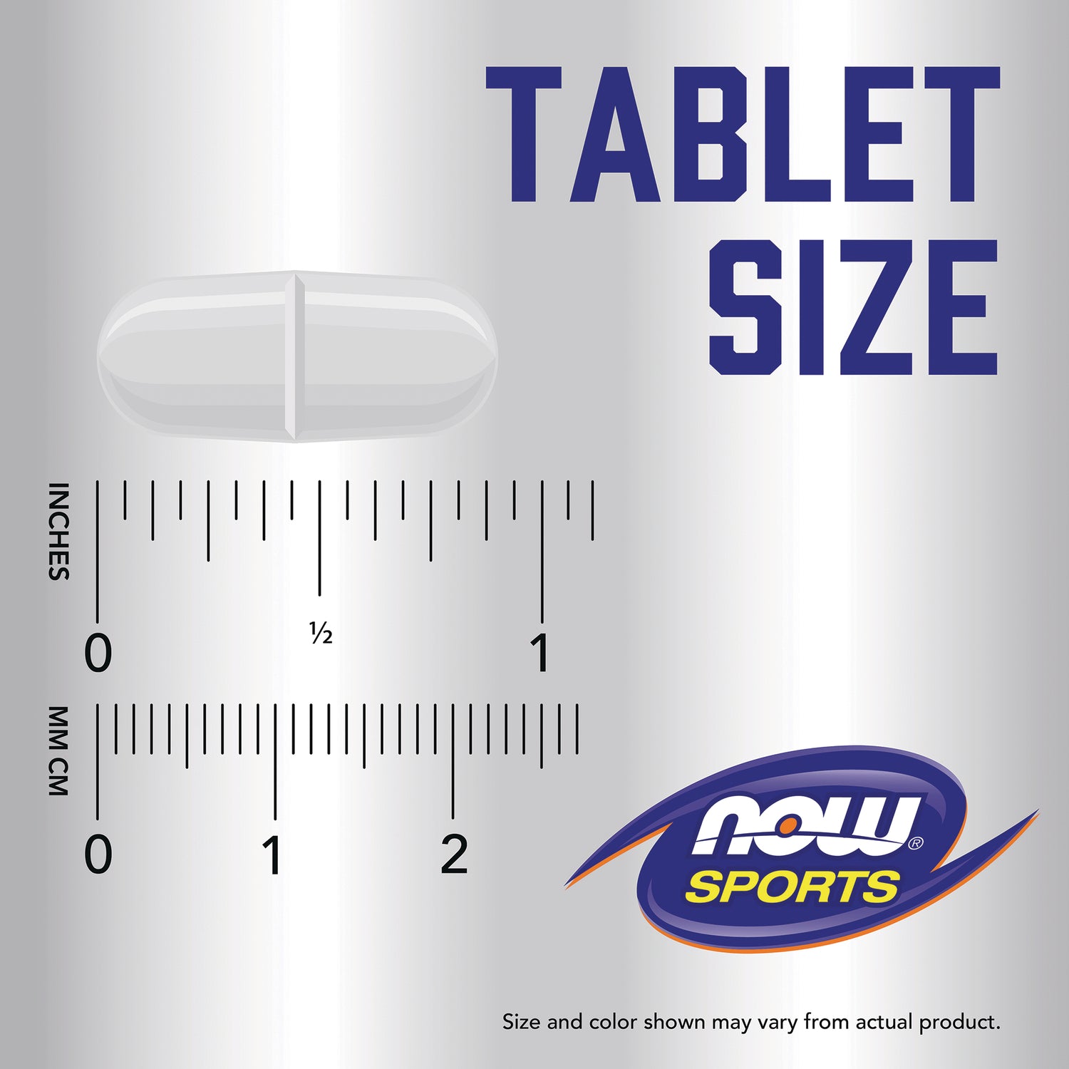 NWF783 | tablet size guide with white scored oblong tablet, inch and mm rulers, visible text TABLET SIZE and NOW SPORTS