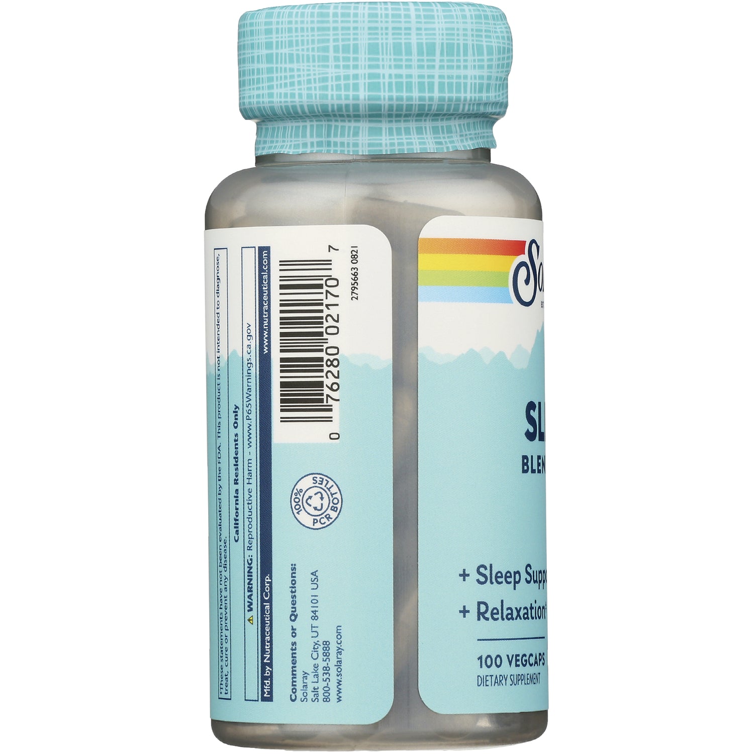 SLR222 | supplement bottle product infographic showing side panel with barcode, label text Sleep Support Relaxation and 100 VEGCAPS