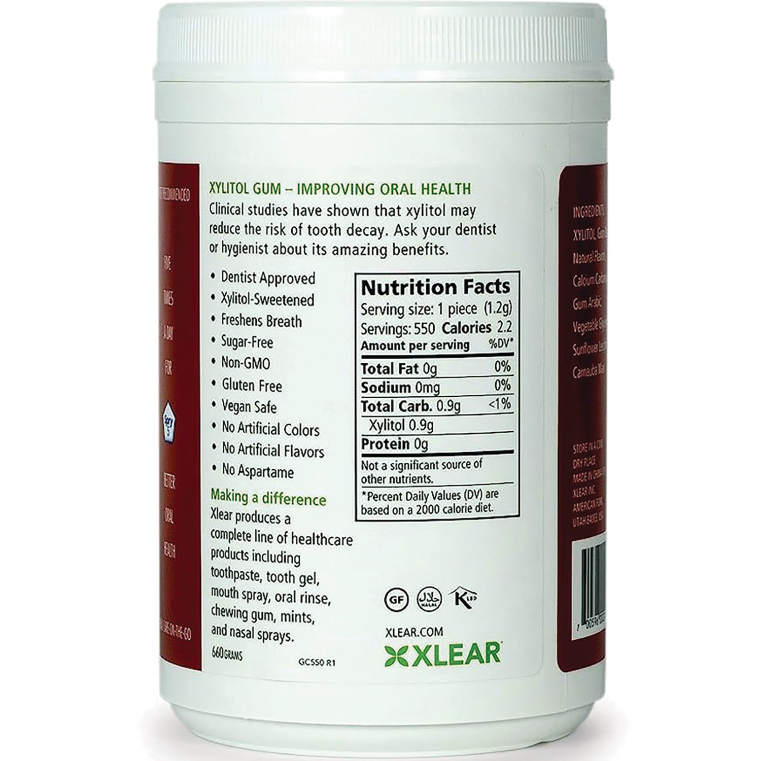 XL036 | Back label of Xlear Xylitol Gum jar showing Nutrition Facts, benefits list, and certifications