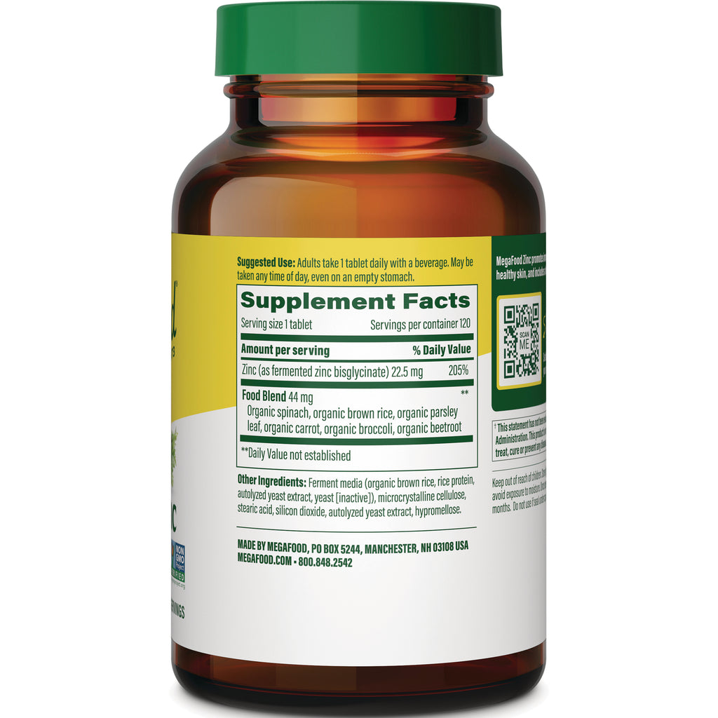 MGF112 | amber supplement bottle back showing Supplement Facts label with zinc and food blend details - Thumbnail