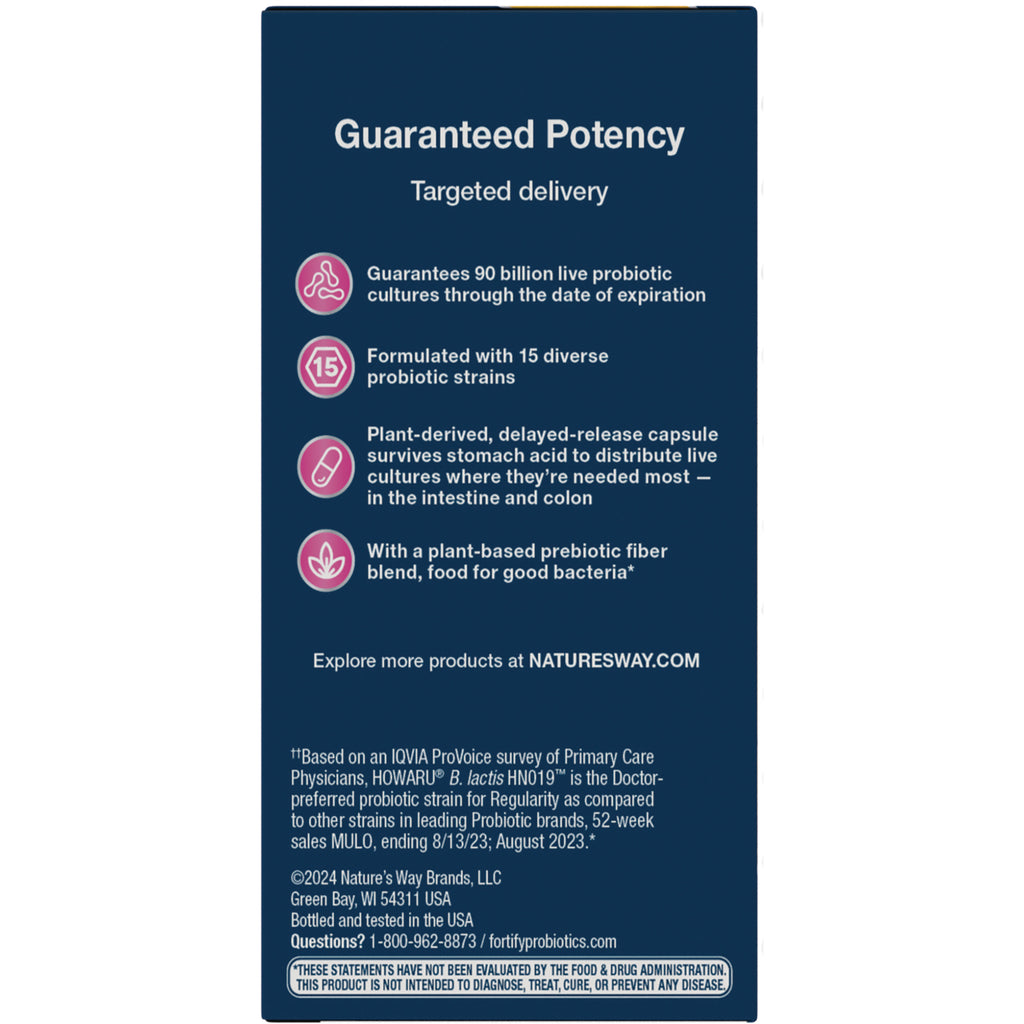 NW853 | back of probiotic box listing guaranteed potency, 90 billion CFU, 15 strains, delayed-release capsule, prebiotic blend - Thumbnail