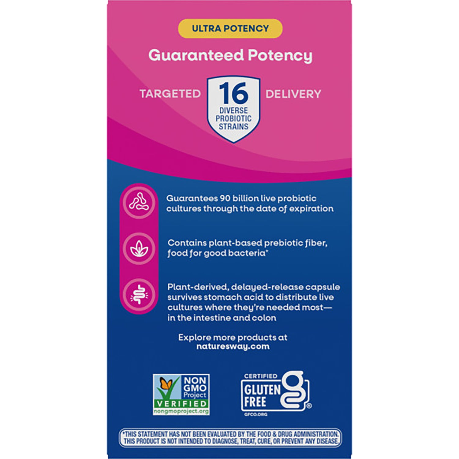 NW853 | back of probiotic box listing guaranteed potency, 90 billion CFU, 15 strains, delayed-release capsule, prebiotic blend