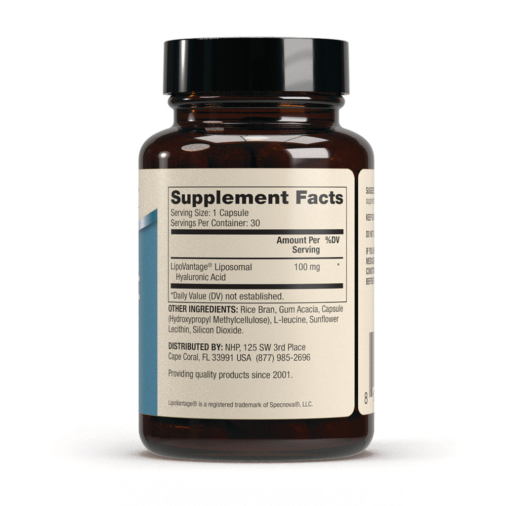 MRC117 | back label showing Supplement Facts panel, serving size, 100 mg hyaluronic acid and other ingredients on amber bottle - Thumbnail