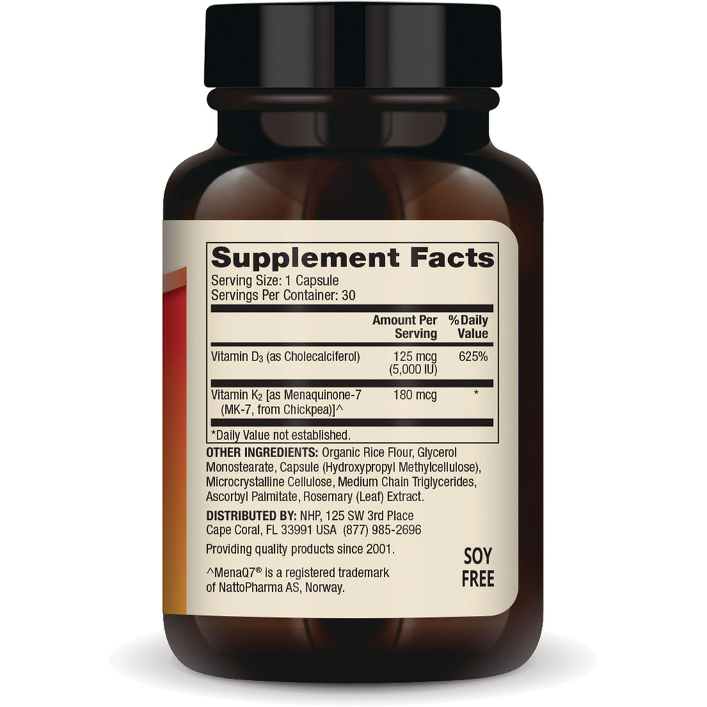 MRC085 | Back label showing Supplement Facts panel listing Vitamin D3 (5,000 IU), Vitamin K2, other ingredients and SOY FREE - Thumbnail