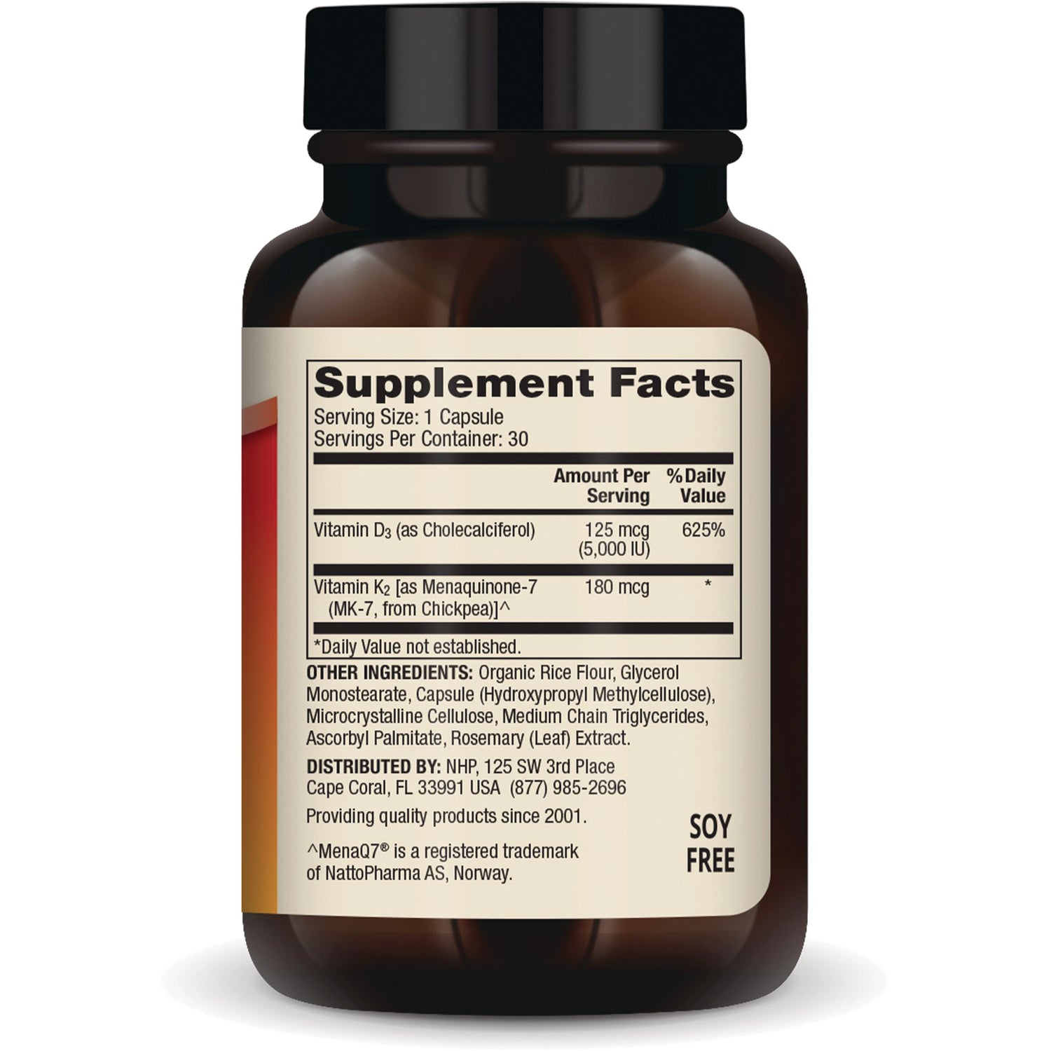 MRC085 | Back label showing Supplement Facts panel listing Vitamin D3 (5,000 IU), Vitamin K2, other ingredients and SOY FREE