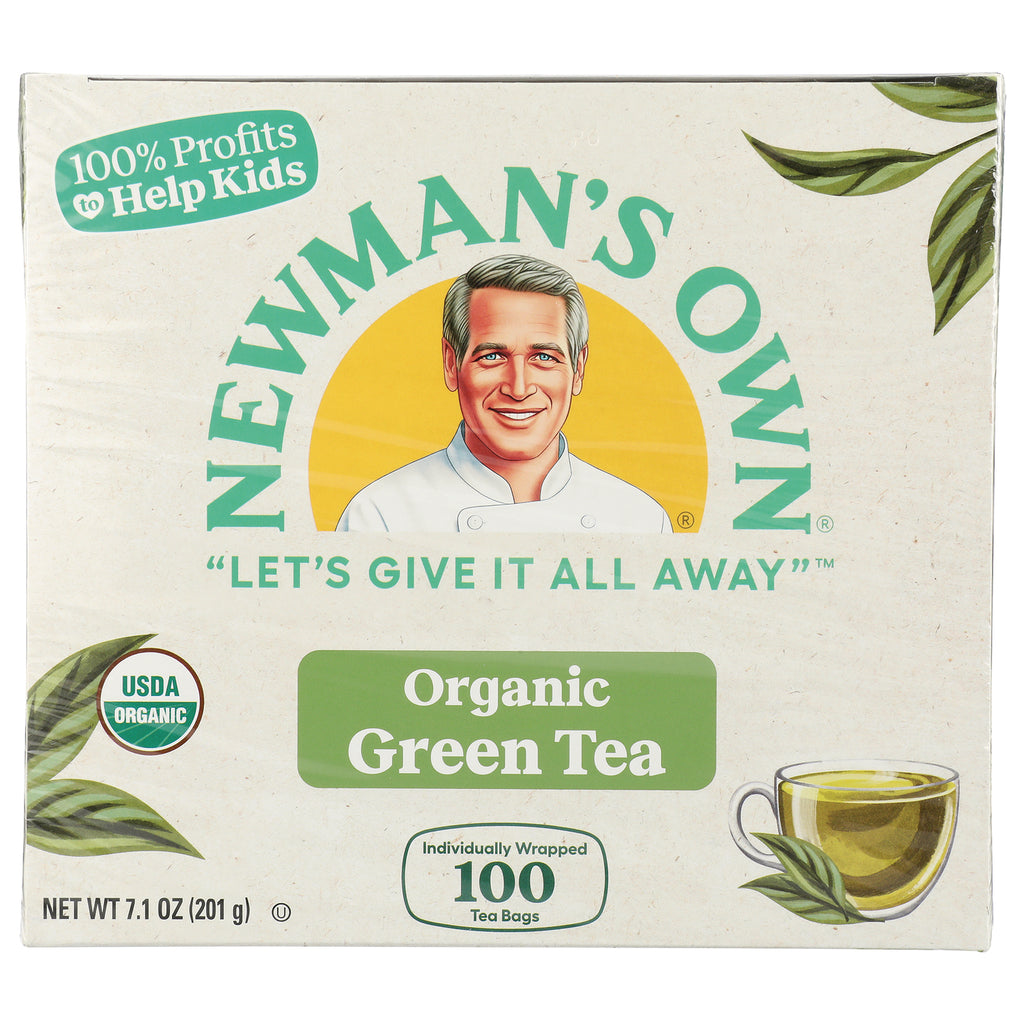 NWM041 | Newman's Own organic green tea box front with logo and cup, 100 individually wrapped tea bags - Thumbnail
