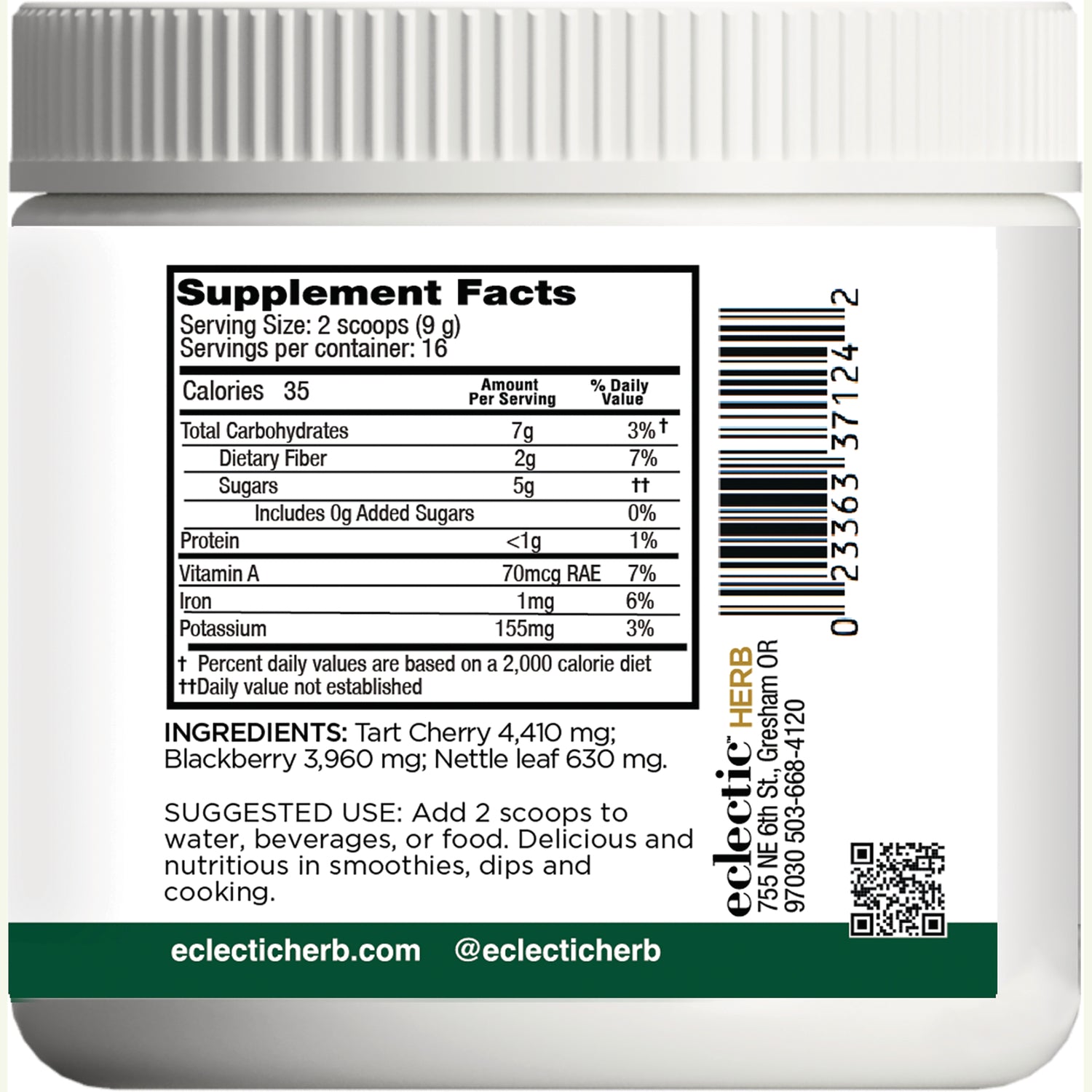 EC022 | Back label showing Supplement Facts panel, ingredients, suggested use, barcode and eclectic herb branding
