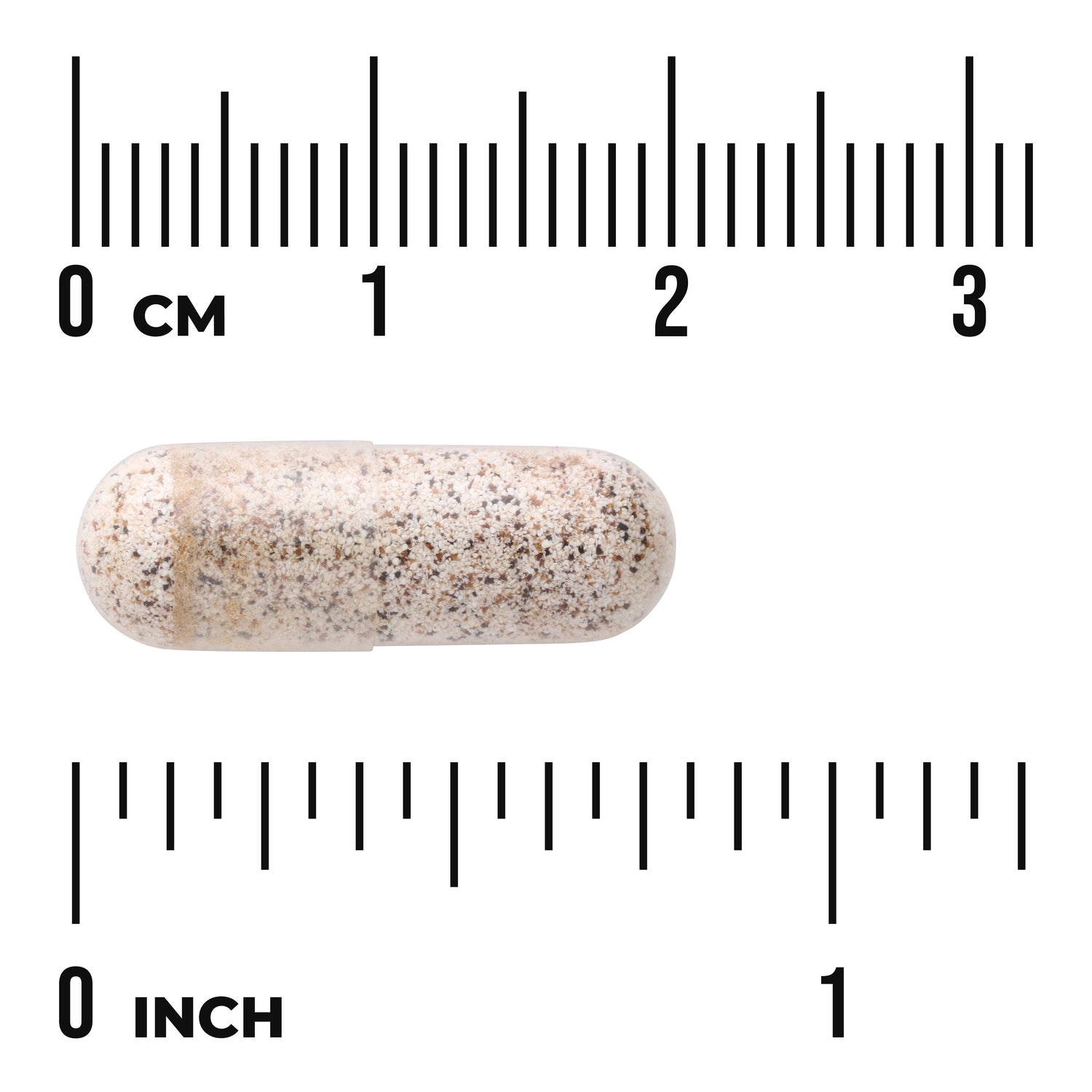 SWU376 | Beige speckled capsule shown on cm and inch rulers for size reference