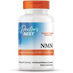 DB287 | Doctor's Best NMN white bottle with orange cap labeled Supports Energy & NAD+ Production, 60 delayed release capsules