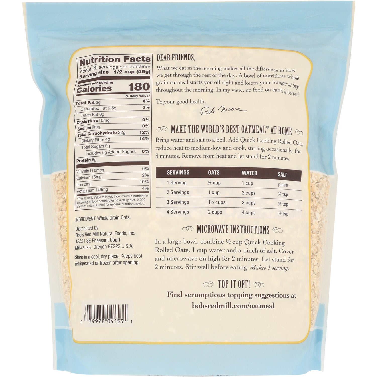 BOB400 | Back of oatmeal bag showing Nutrition Facts, serving chart, microwave instructions and ingredient statement