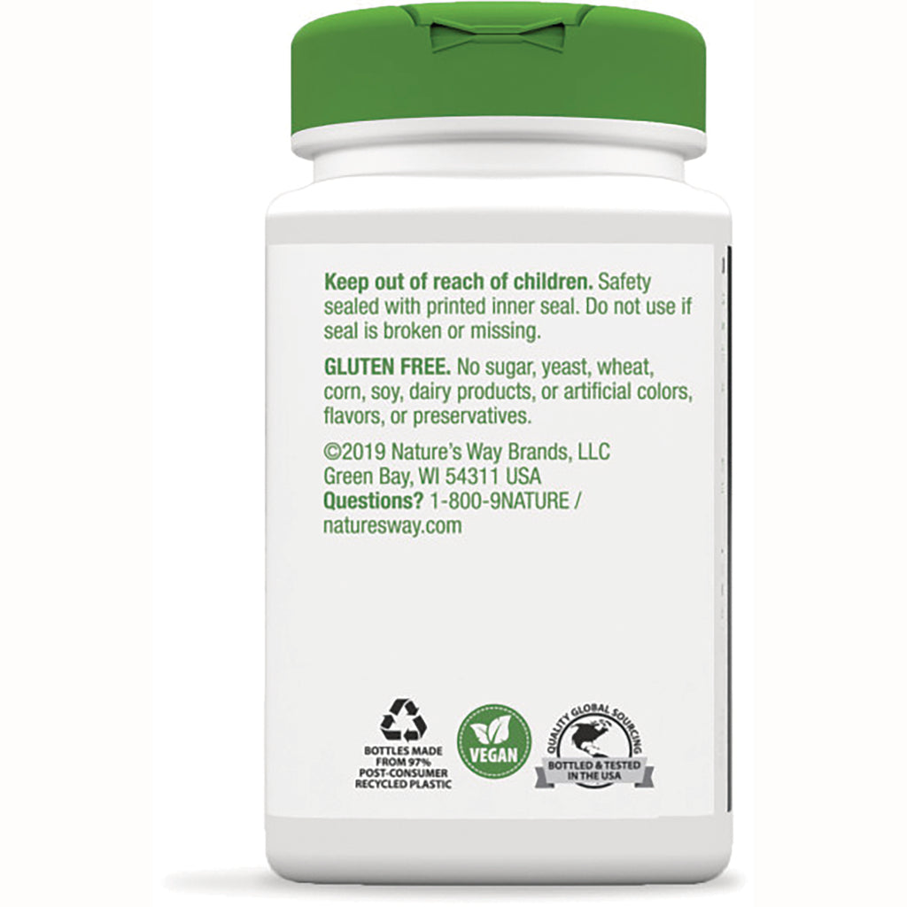 NW577 | Back of white supplement bottle with green cap showing Keep out of reach of children text, gluten free statement, vegan and recycling icons - Thumbnail