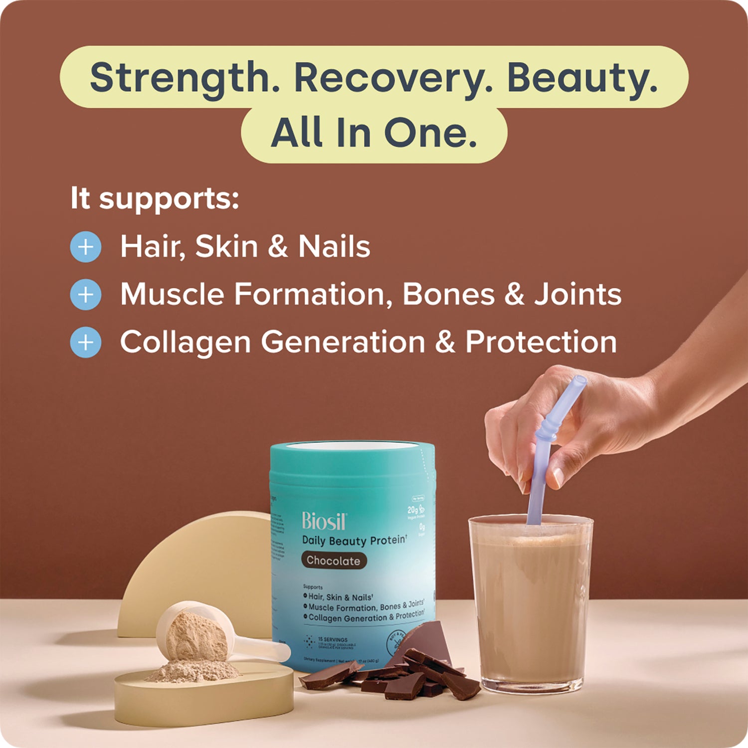 NFC221 | Biosil Daily Beauty Protein Chocolate powder with prepared drink, scoop, and benefits text