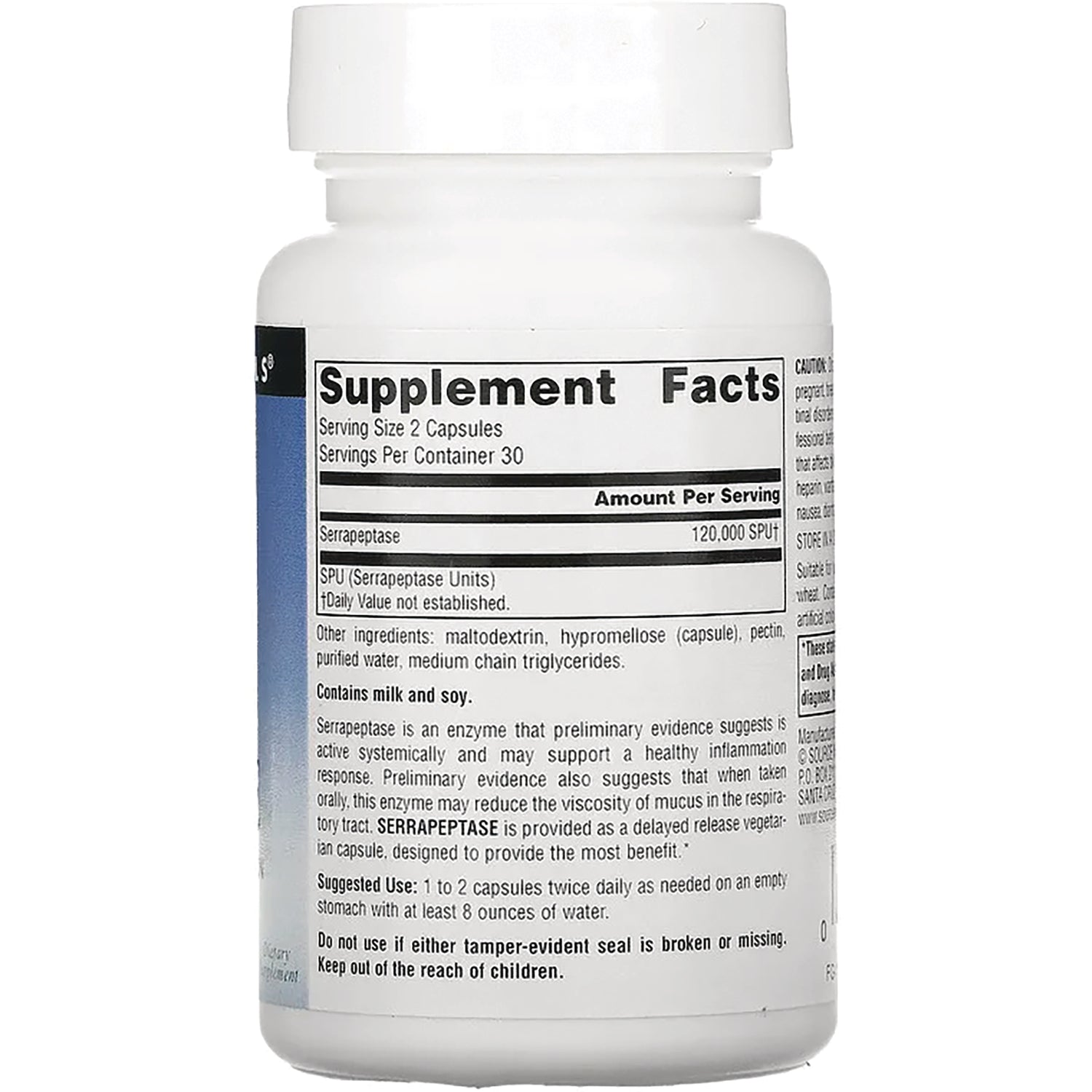 SN731 | Back label with Supplement Facts panel, serving size 2 capsules and serrapeptase 120,000 SPU