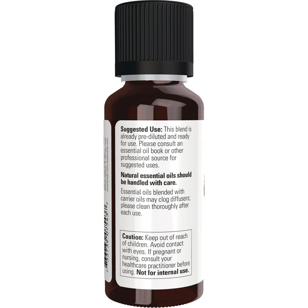 NWF495 | Back label of brown essential oil bottle showing suggested use text, warnings, and caution box - Thumbnail