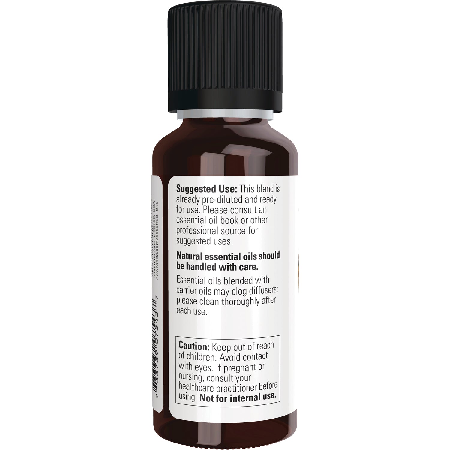 NWF495 | Back label of brown essential oil bottle showing suggested use text, warnings, and caution box