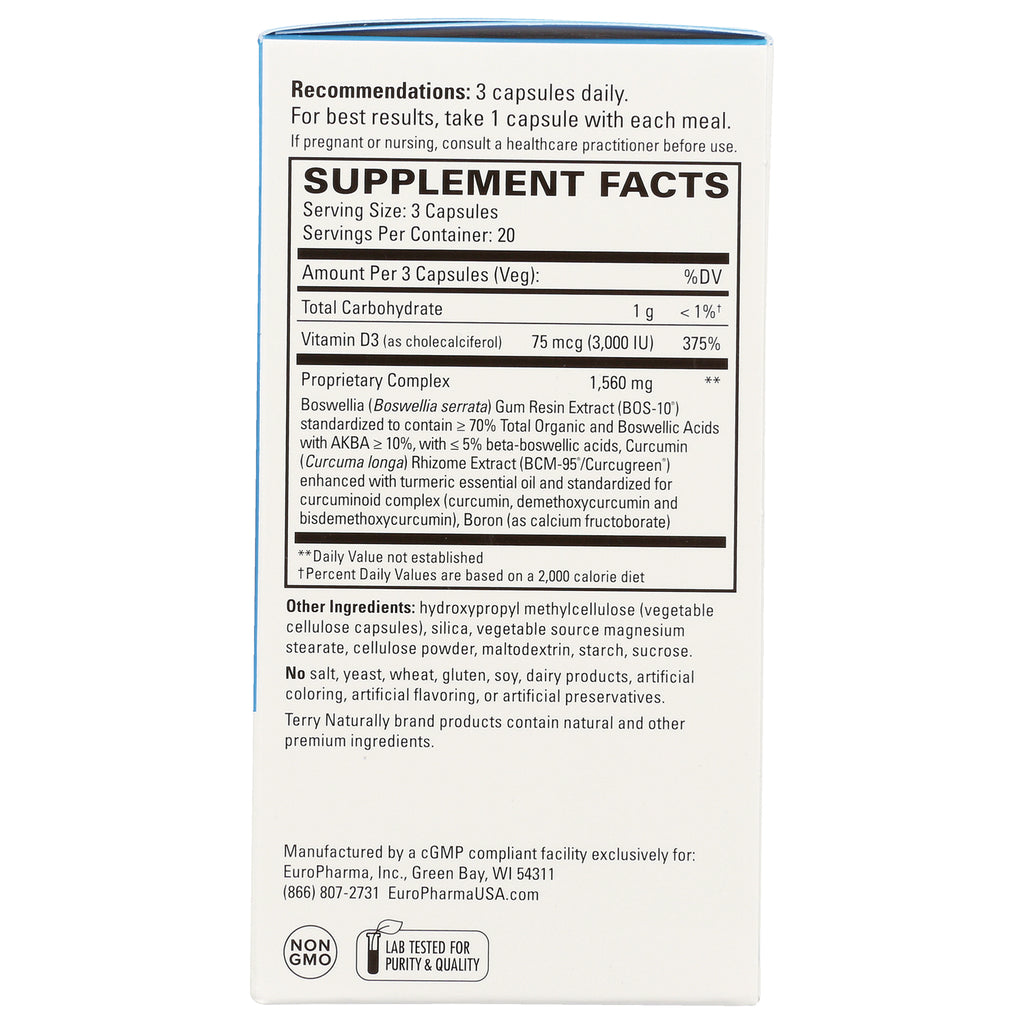 EUR027 | back of white supplement box showing Supplement Facts panel with serving size 3 capsules and ingredient list - Thumbnail