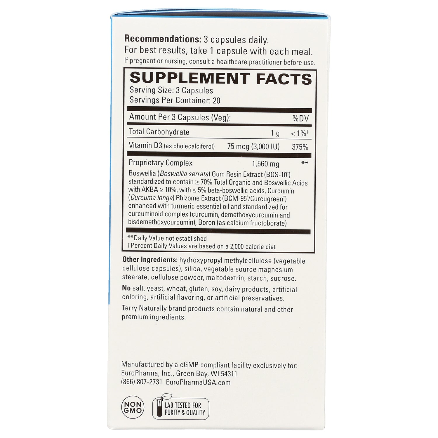 EUR027 | back of white supplement box showing Supplement Facts panel with serving size 3 capsules and ingredient list