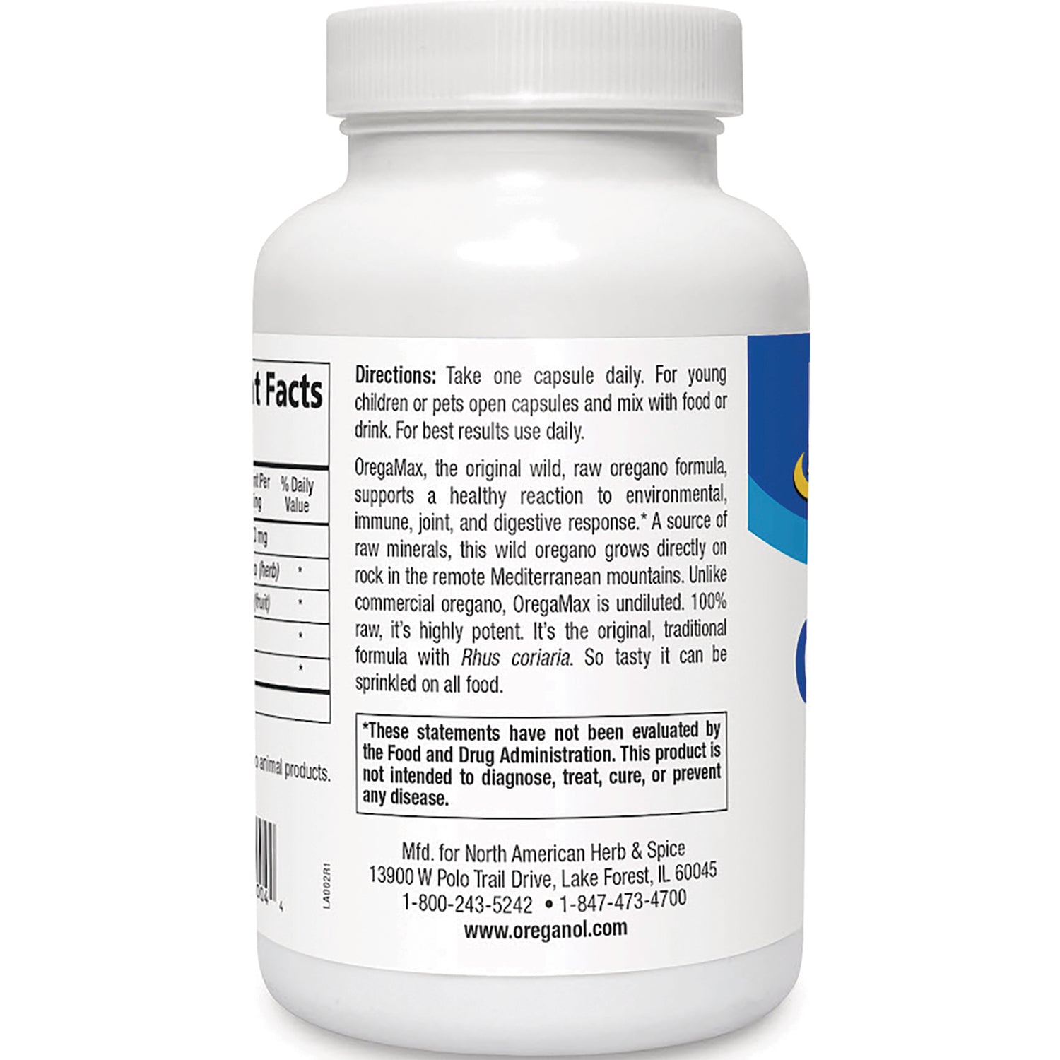 NHS010 | Back of white supplement bottle showing directions, product description, disclaimer box, and partial nutrition facts label