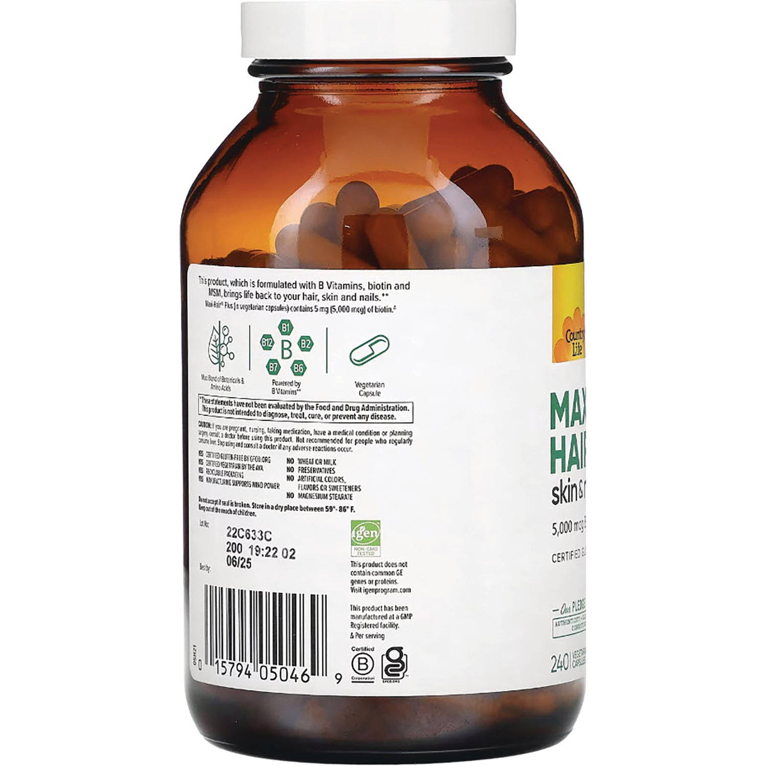 CRL615 | Back of amber supplement bottle showing label with ingredients, barcode and visible capsules inside