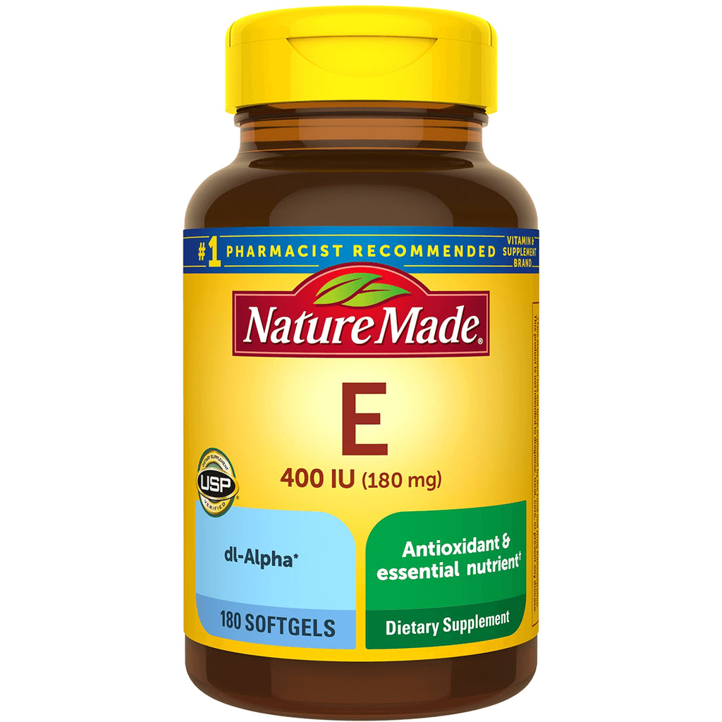 NTM062 | Nature Made Vitamin E 400 IU (180 mg) dietary supplement bottle with 180 softgels label - Thumbnail