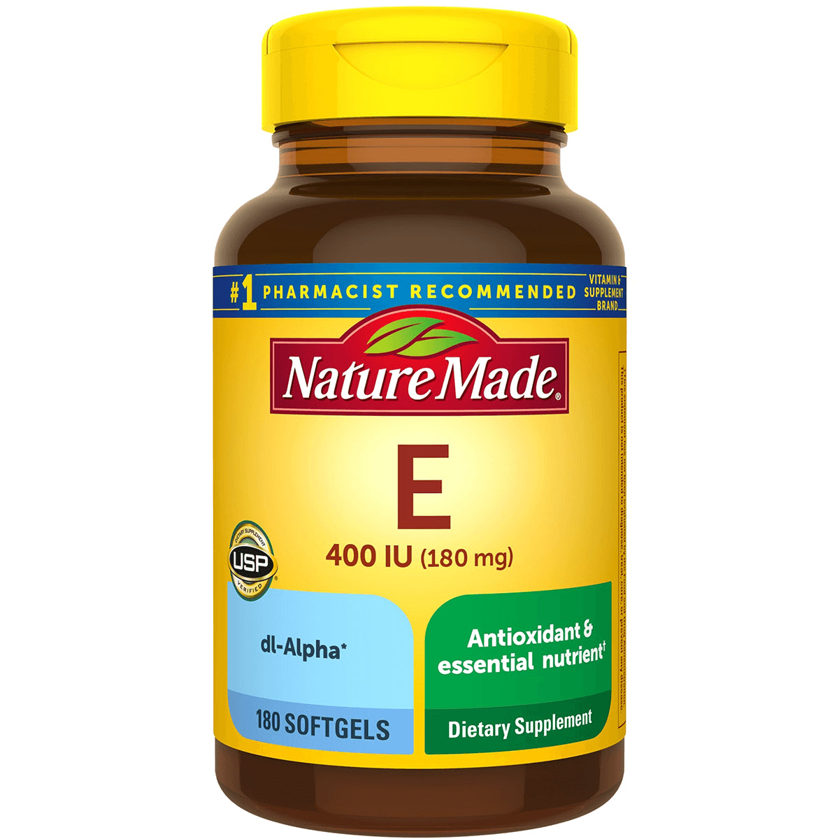 NTM062 | Nature Made Vitamin E 400 IU (180 mg) dietary supplement bottle with 180 softgels label