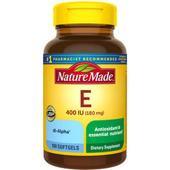 NTM062 | Nature Made Vitamin E 400 IU (180 mg) dietary supplement bottle with 180 softgels label