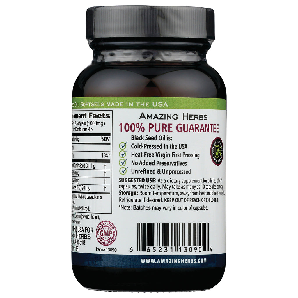 Amazing Herbs bottle back label showing 100% PURE GUARANTEE, benefits checklist, suggested use text and barcode - Thumbnail