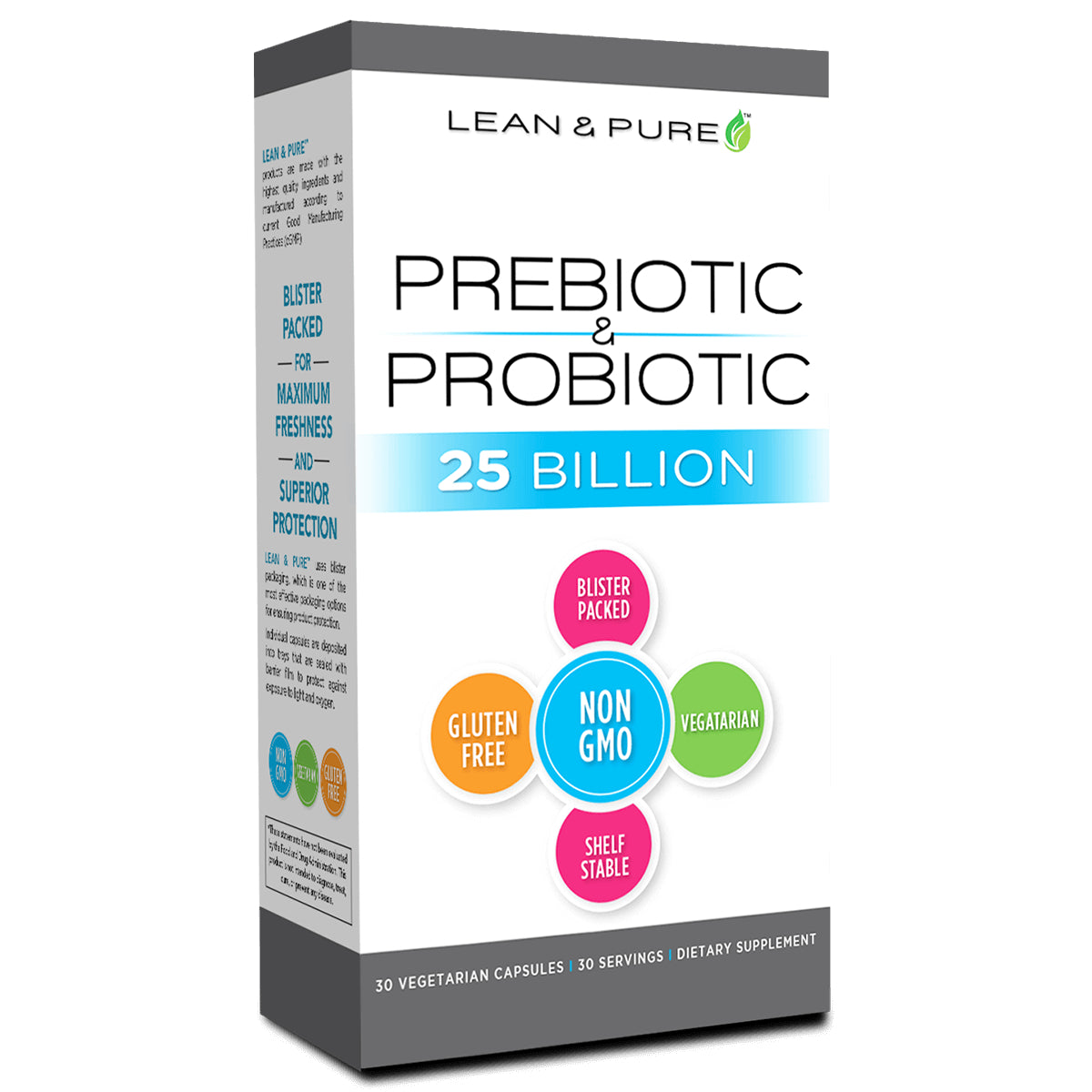 OL148 | Lean & Pure Prebiotic & Probiotic 25 Billion supplement box with Non-GMO, gluten free, vegetarian badges