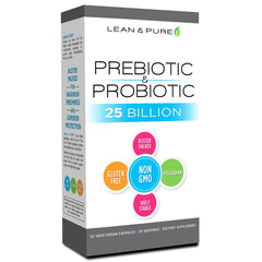 OL148 | Lean & Pure Prebiotic & Probiotic 25 Billion supplement box with Non-GMO, gluten free, vegetarian badges