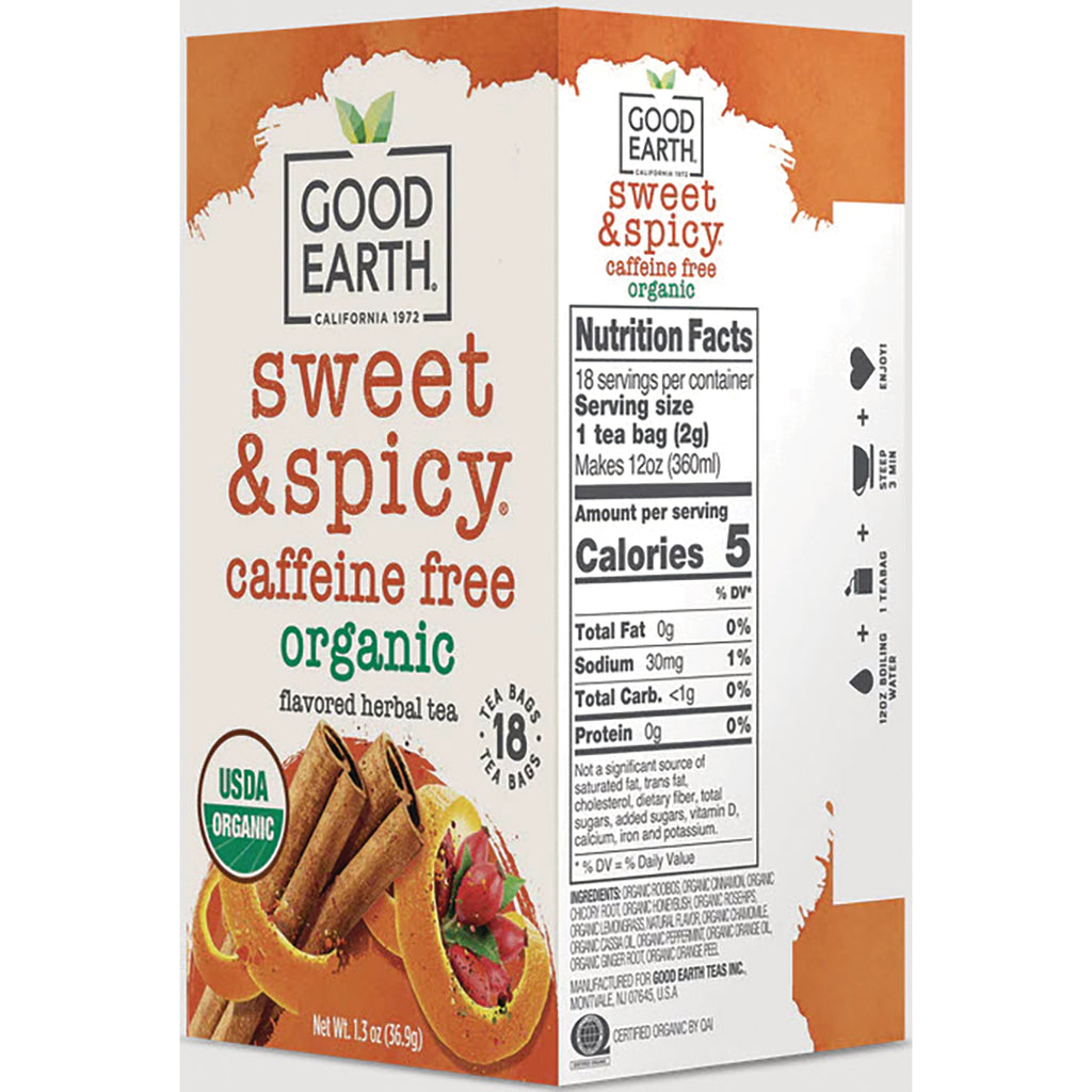 GET019 | Good Earth sweet & spicy organic herbal tea box back showing Nutrition Facts, ingredients and USDA Organic seal - Thumbnail
