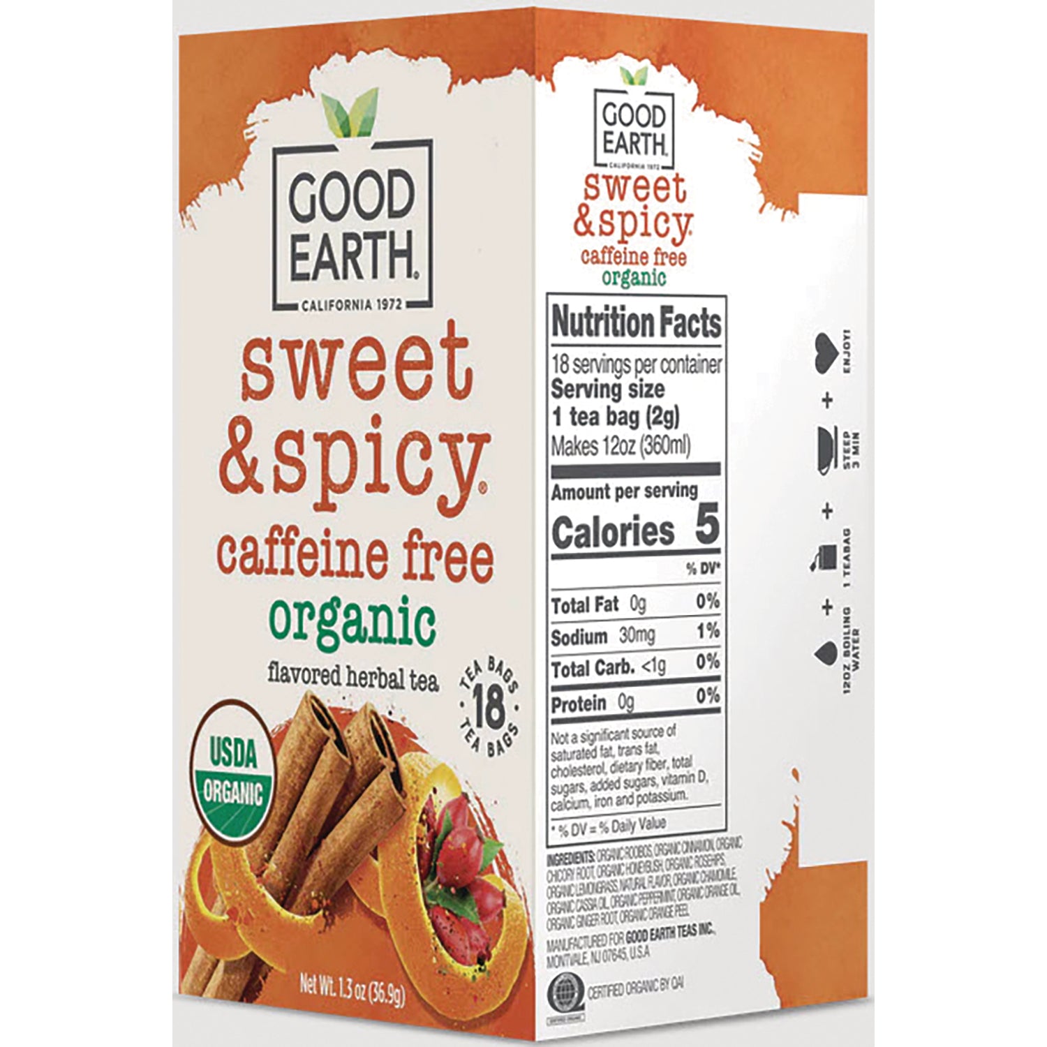 GET019 | Good Earth sweet & spicy organic herbal tea box back showing Nutrition Facts, ingredients and USDA Organic seal