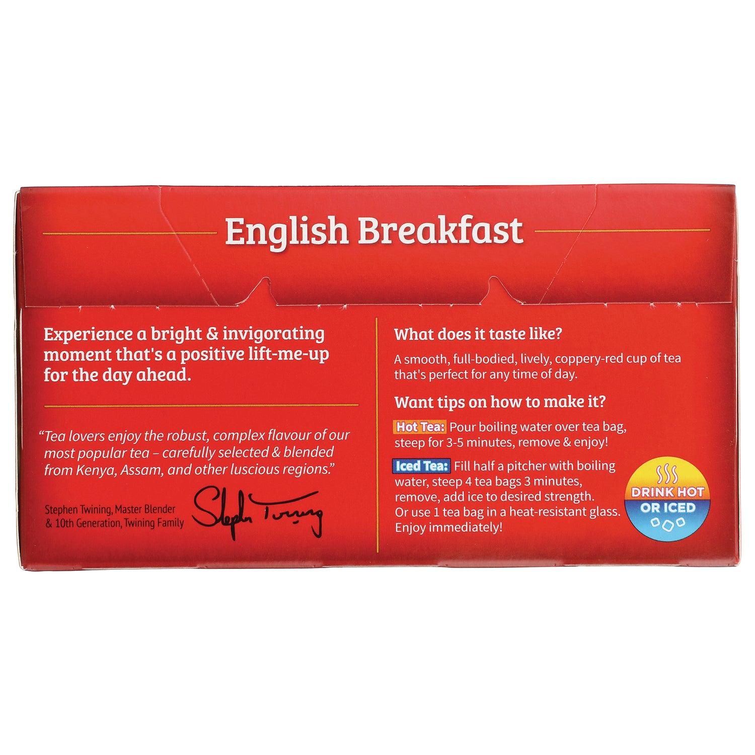 TWN003 | Back of English Breakfast tea box with taste notes and hot and iced brewing tips