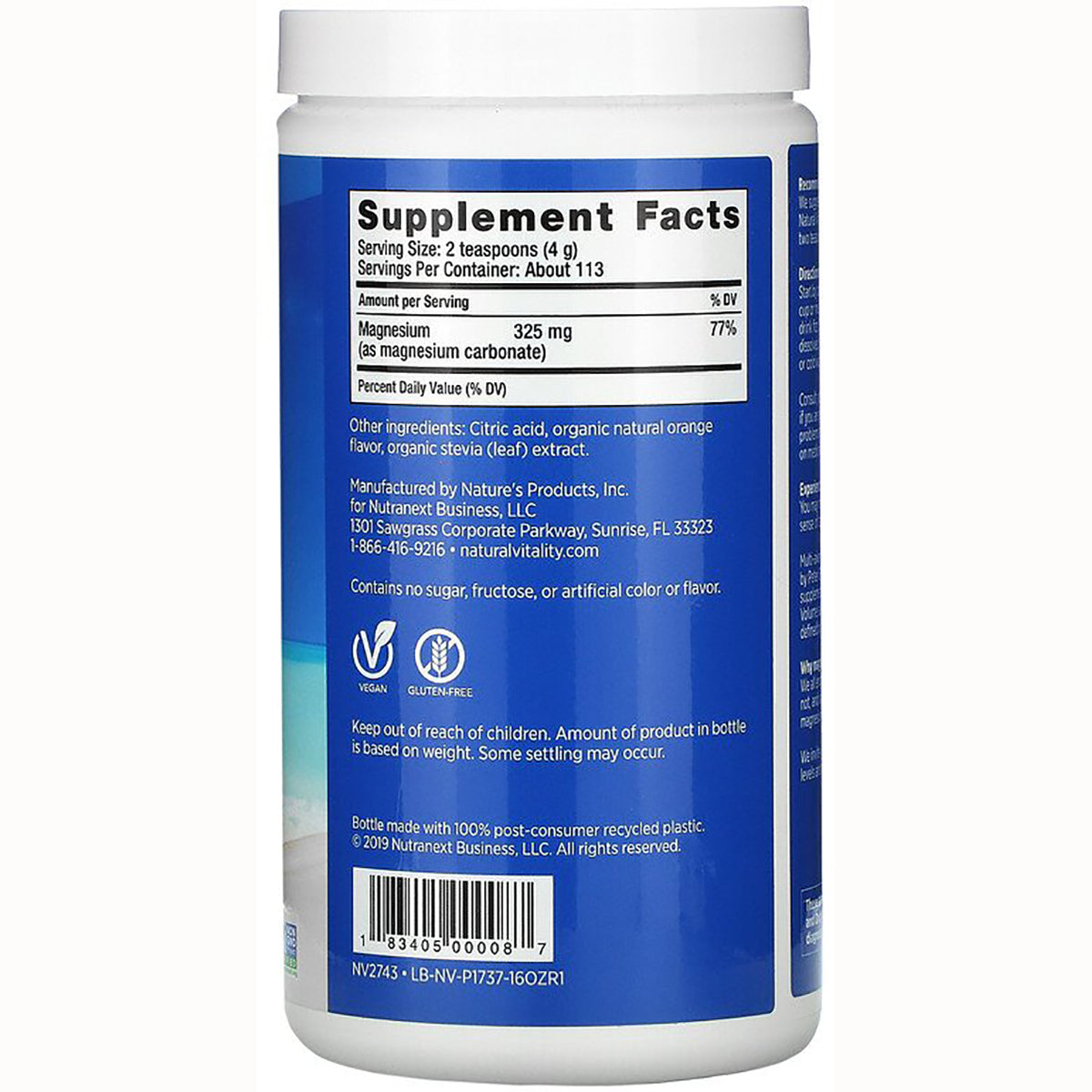 NVT011 | Back label showing Supplement Facts panel with magnesium 325 mg, vegan and gluten-free icons and barcode