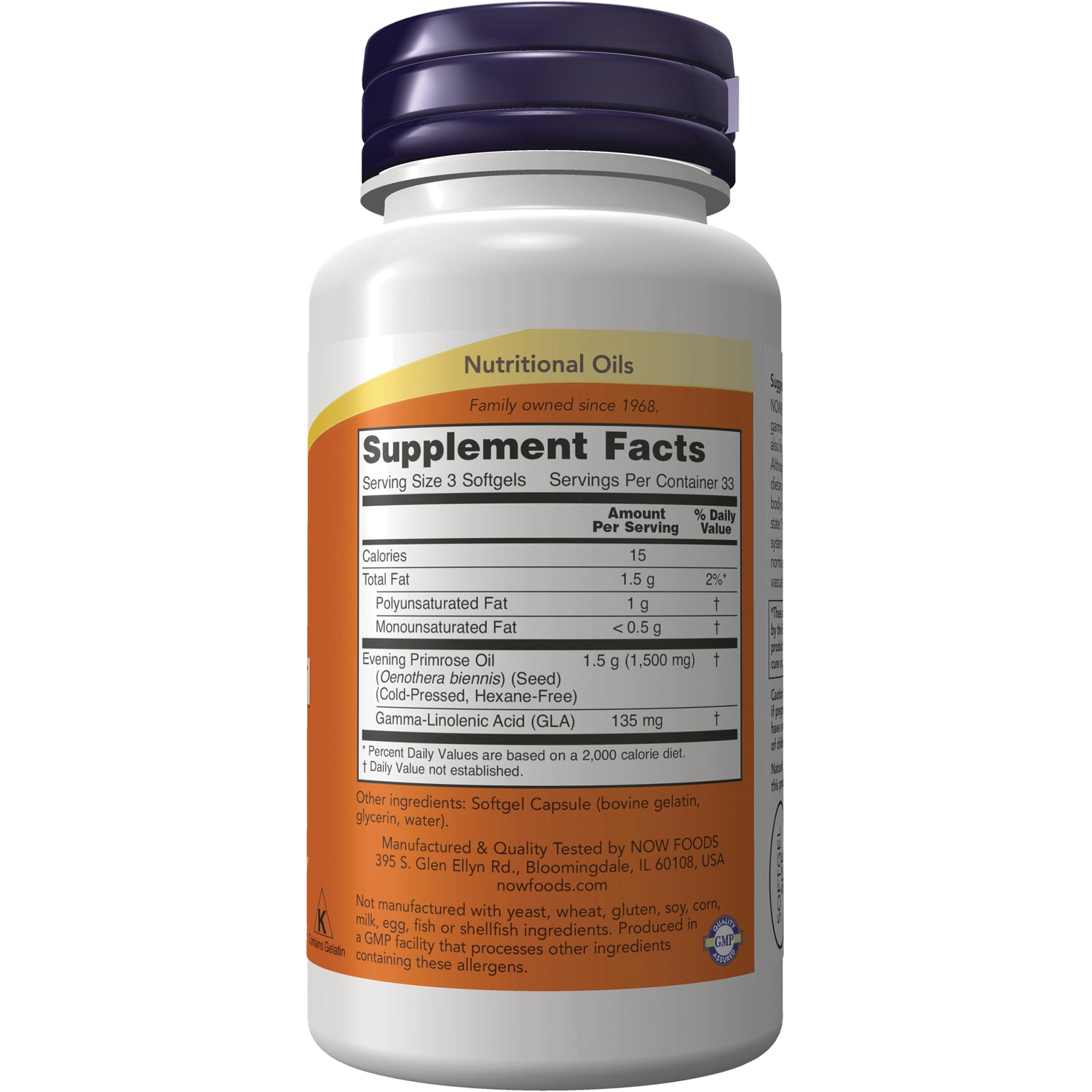 NWF305 | Back label with Supplement Facts panel showing serving size 3 softgels and Evening Primrose Oil 1.5 g