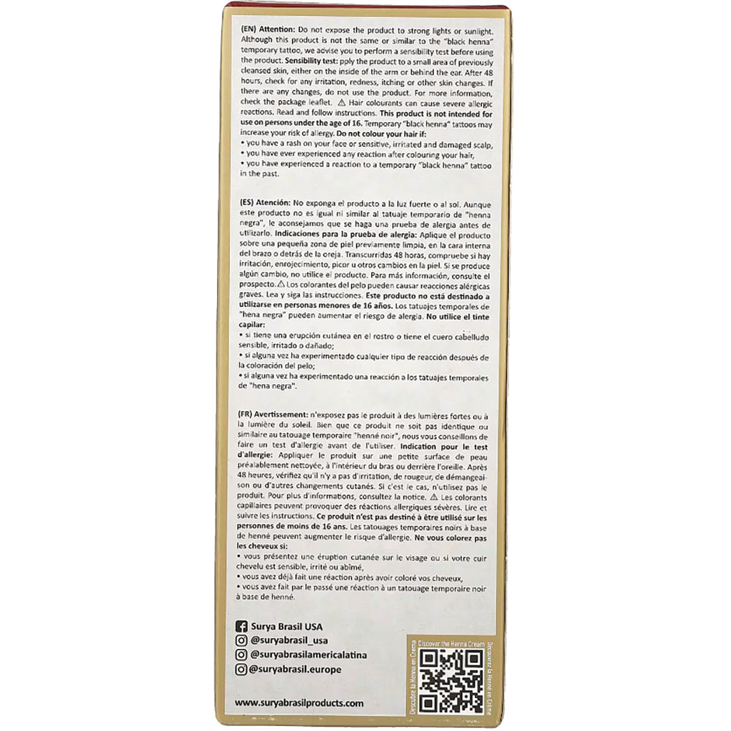 SUR029 | Back of Surya Brasil box with allergy warnings in EN/ES/FR, social handles and QR codes - Thumbnail