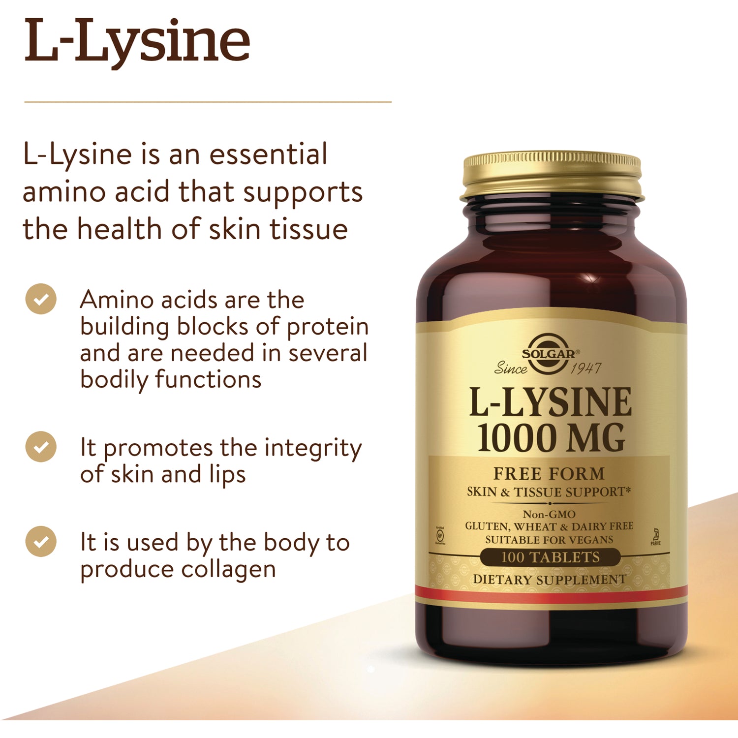Solgar L-LYSINE 1000 MG bottle with infographic bullets about amino acids, skin support and collagen production