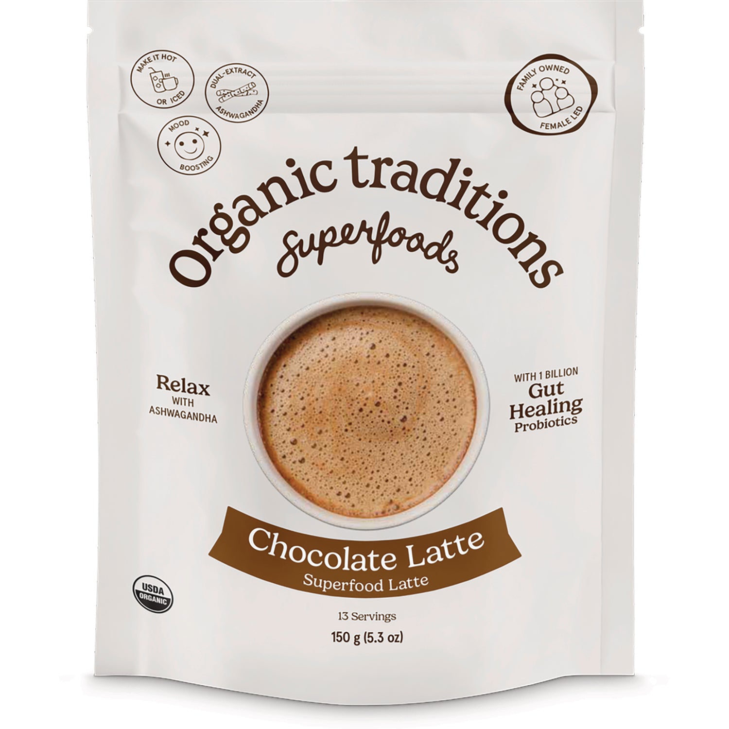 OTR097 | Organic Traditions Chocolate Latte superfood pouch front with cup, 150 g label and USDA Organic seal