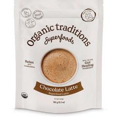 OTR097 | Organic Traditions Chocolate Latte superfood pouch front with cup, 150 g label and USDA Organic seal