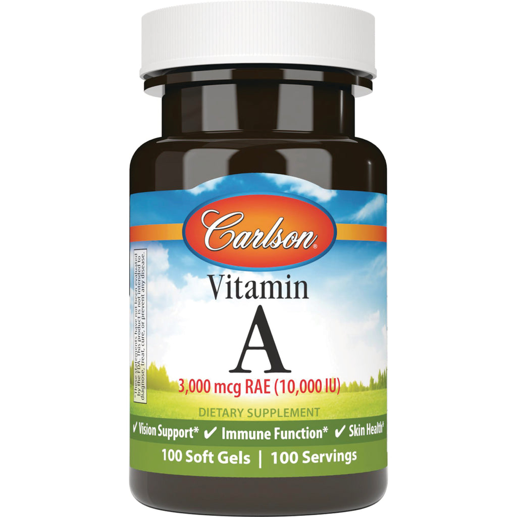 Carlson Vitamin A bottle labeled 3,000 mcg RAE (10,000 IU) 100 soft gels dietary supplement - Thumbnail