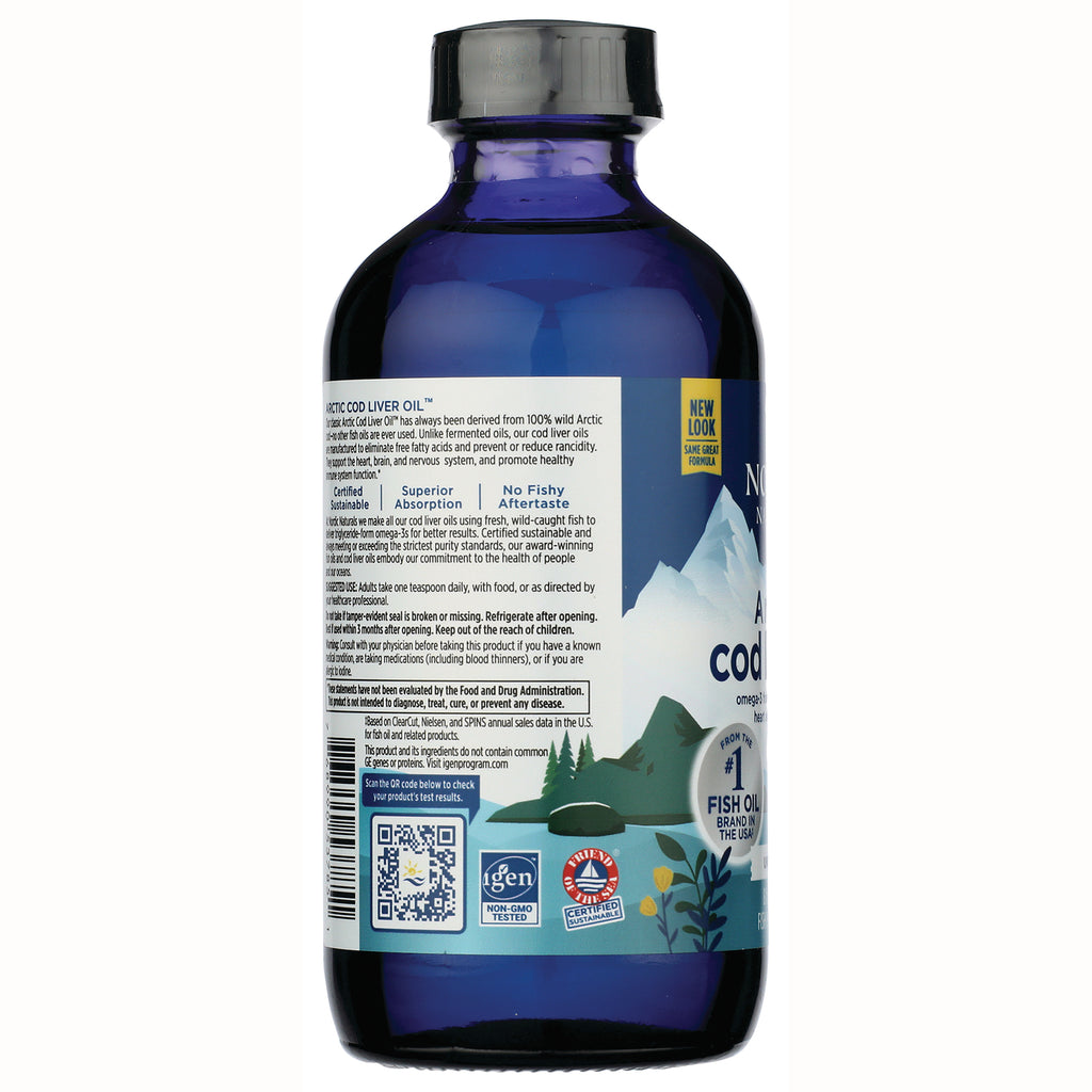 NRN021 | back label and product infographic on blue cod liver oil bottle showing text, QR code and certification seals - Thumbnail